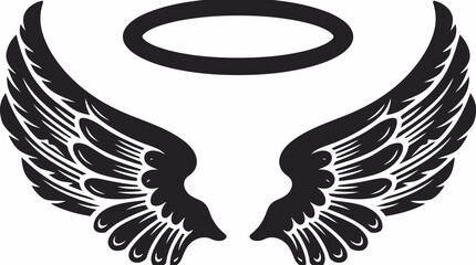 Fototapeta premium Stylized black angel wings with a halo above, a graphic illustration representing divinity and freedom.