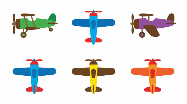 Collection of colorful cartoon airplanes, featuring both biplanes in side view and monoplanes in top-down view, on a white background.