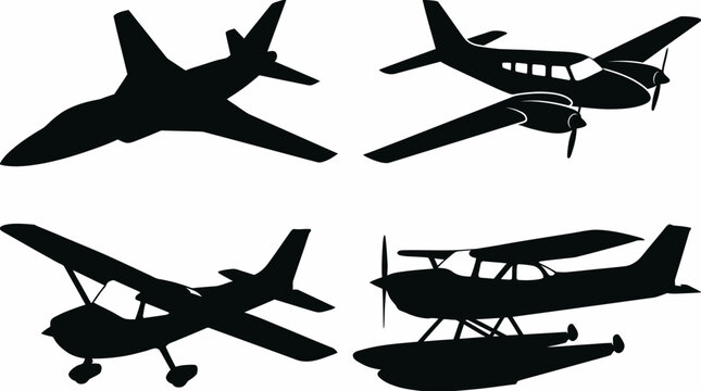 Four distinct airplane silhouettes including a private jet, twin-engine propeller plane, light aircraft, and a seaplane, all in black on a white background.
