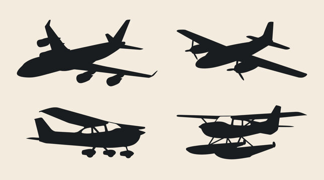 Silhouettes of various aircraft types including a commercial jet, a propeller plane, a small general aviation aircraft, and a seaplane.