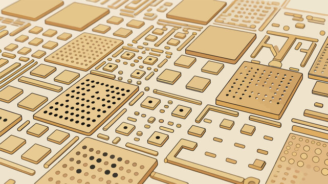Complex circuit board design shows intricate patterns and shapes on a printed circuit