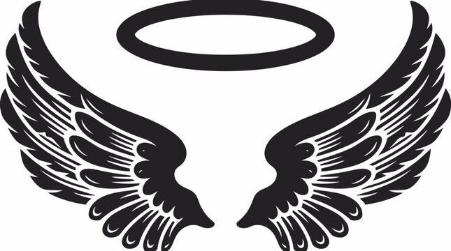 Stylized black angel wings with a halo above, a graphic illustration representing divinity and freedom.