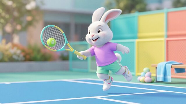 White bunny playing tennis on colorful court. Adorable rabbit athlete serving ball with racket. Fun cartoon animation for kids sports entertainment