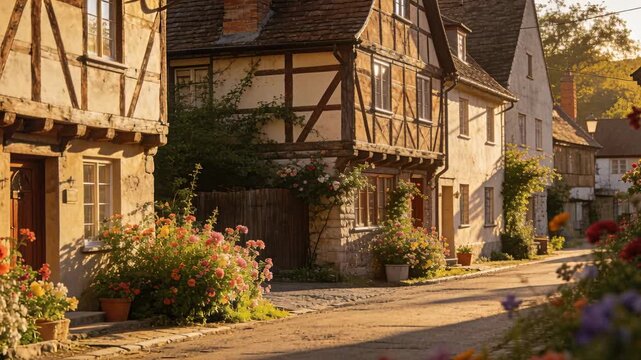 Starting camera pulling focus, moving forward past timbered houses on lane, showing potted plants
