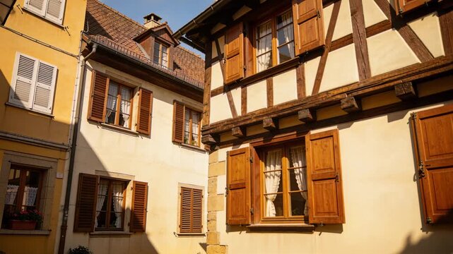 Panning and tilting camera centering timber frame with open shutters on narrow street, copy space
