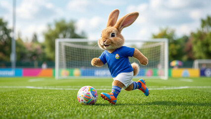 Obraz premium Plush bunny rabbit kicking colorful soccer ball towards goal on green field. Adorable toy animal in blue sports uniform playing football. Fun childrens sports activity and playful game concept