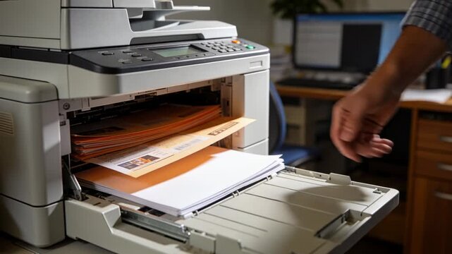 Collecting hand in plaid shirt aligning orange brochures at office printer finishing run for pickup