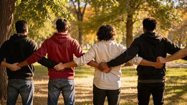 Adults linking arms, welcoming newcomer from left, shifting, showing community unity in autumn park