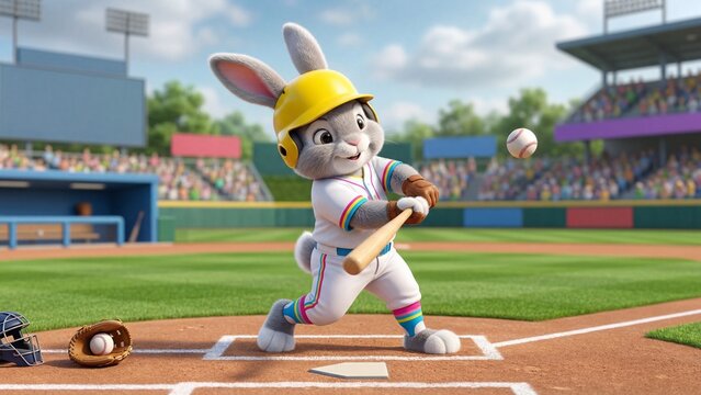 Cartoon rabbit baseball player swinging bat at ball in stadium. Fun anthropomorphic animal athlete in uniform and helmet. Sports entertainment animation for kids and family fun