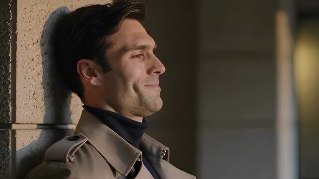 Moving into frame man wearing tan trench, dark turtleneck leaning against column at dusk reflecting