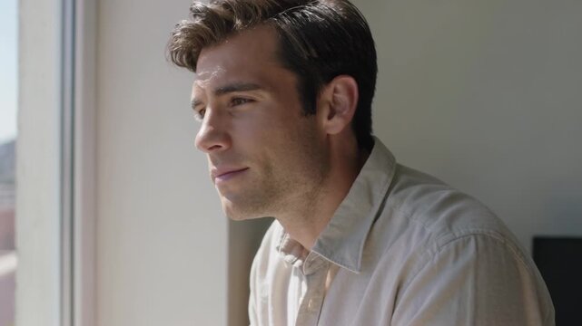 Reacting to daylight through tall window, man in light shirt leaning, squinting outside