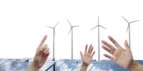 Growth of clean energy and a sustainable future with a hand reaching out to wind turbines and solar panels. 3d rendering, Illustration