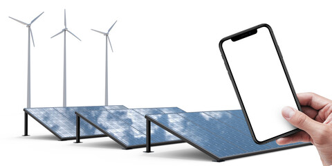 Smart renewable energy technology and the concept of green energy with hands holding a smartphone near solar panels and wind turbines. 3d rendering, Illustration