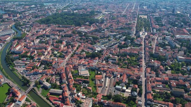 Aerial view beside the old town around the city Nancy  in France on a sunny summer noon.