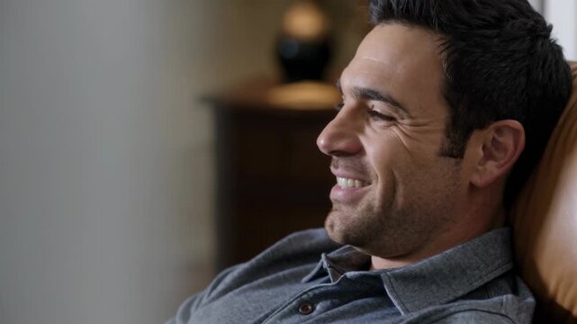 Settling into leather chair adult man relaxing smiling to relax at home, denim shirt buttons