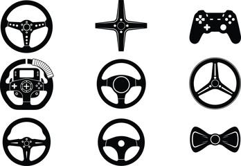 Steering wheel and game controller silhouettes set, car driving icons collection, racing wheel variations, gaming controller symbols isolated on white background, vector illustration © Mst