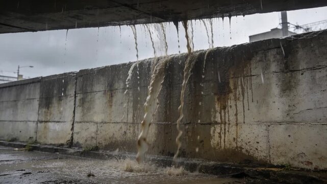 Falling rain feeding muddy cascade swelling and pouring down concrete retaining wall, with silt