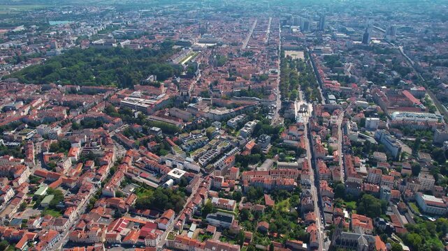 Aerial view beside the old town around the city Nancy  in France on a sunny summer noon.
