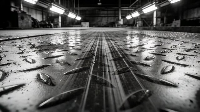 Focusing wet diamond tread metal floor showing central streaks in workshop, droplets and lights