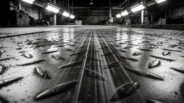 Low cam moving over industrial diamond plate, causing streaks lengthening and emphasizing groove