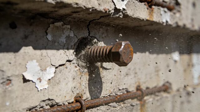 Reacting rusted hex-head bolt taking abrupt shock at concrete slab, ejecting dust, exposing rebar