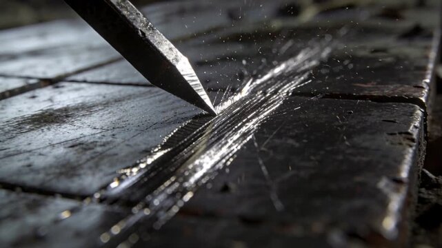 Touching sharp metal cutting tip creating bright groove on workbench, ejecting sparks