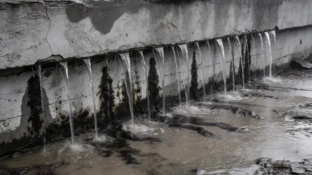 Drain wall letting rain runoff into shallow mud basin forming ripples stains channels for engineers