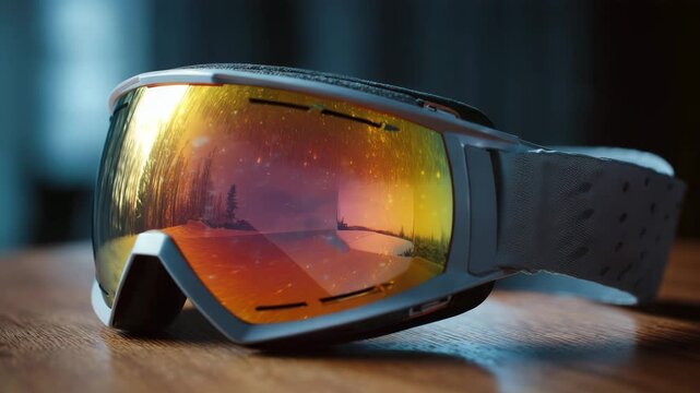 Ski goggles reflecting snowy sunset landscape