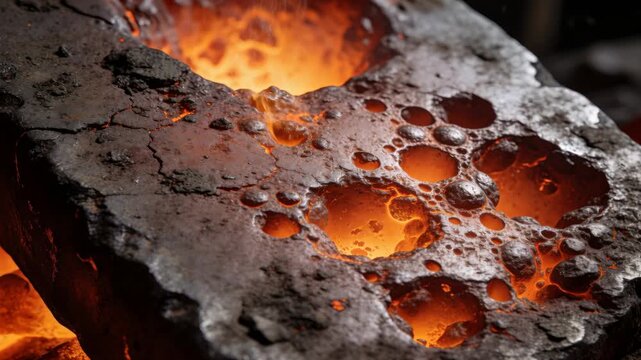 Glowing slag crust emitting growing glow from molten pool in foundry, flames flickering, spreading