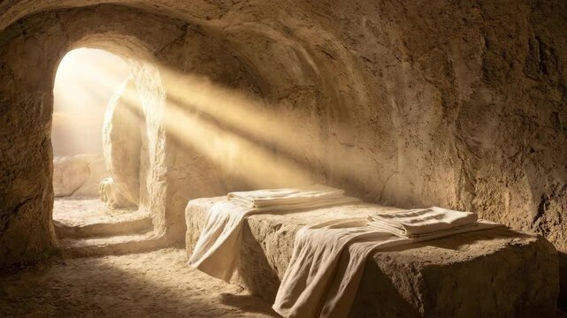 Empty tomb of Jesus with white cloth on stone burial slab. Resurrection morning light shining into cave. Catholic religious scene of Christ burial site revival.