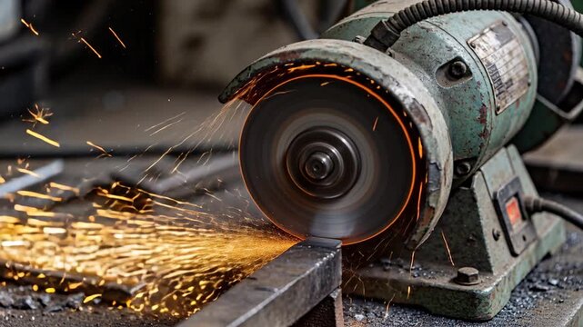 Running bench grinder wheel sharpening metal bar on bench, sending intense left shower of sparks