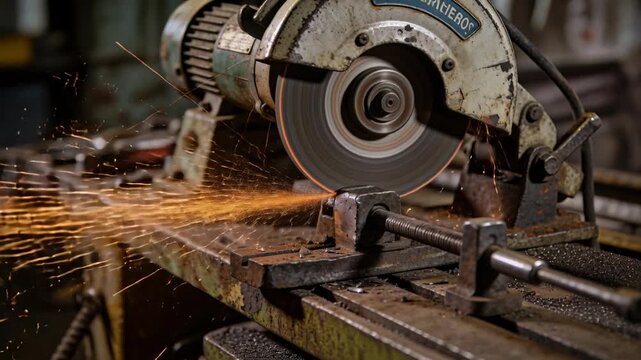 Spinning cut-off wheel contacting metal bar, emitting sparks while cutting on shop bench with vise