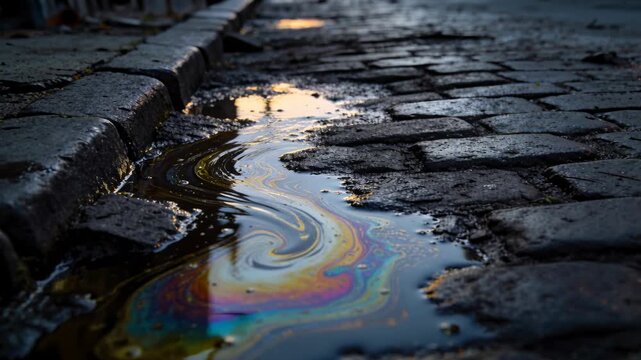 Tracking puddle rippling from runoff along cobble seam by left curb, shifting rainbow oil film
