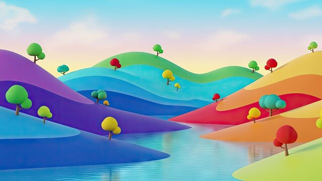 A colorful illustration of rolling hills and trees by a serene lake