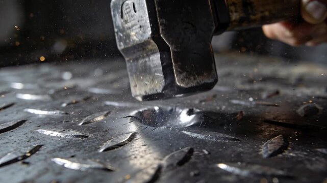 Worker lifting yellow hammer and hammering diamond plate at bench, deepening dent, creating sparks
