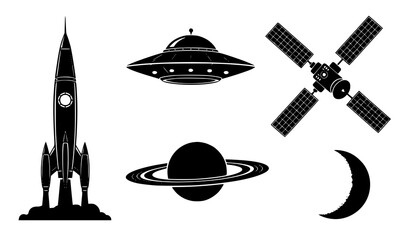 Space Icon Collection Featuring Rocket Launch, UFO Spaceship, Satellite, Planet with Rings, and Crescent Moon for Astronomy, Science, and Futuristic Design © SAHEDUL
