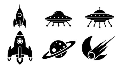 Space Exploration Icon Set with Rockets, UFOs, Planets, and Comets for Science Design, Astronomy Graphics, Futuristic Concepts, and Educational Media © SAHEDUL