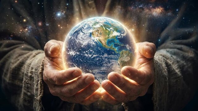 Jesus holding the planet earth in his hands. Divine savior protecting the world in space. Religious concept of god providing grace and care for the universe.