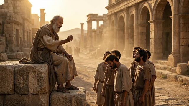 Old prophet sitting on stone ruins teaching a group of men. Biblical scene of a leader speaking to followers. Ancient history, spiritual guidance and lesson.