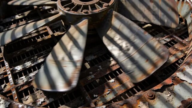 Rotating rusted axial fan turning slowly on rooftop unit, sunlight casting striped shadows, cooling