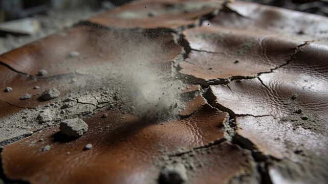 Cracked leather surface releasing dust plume and chips after impact, highlighting damage for repair