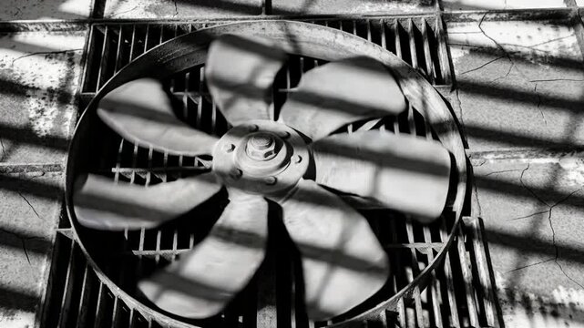 Rotating vent fan with central hub powered by motor, spinning over rooftop grate for ventilation
