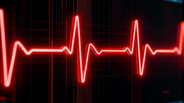 Displaying neon red ECG waveform sweeping across dark monitor with gridlines, halo, blue UI