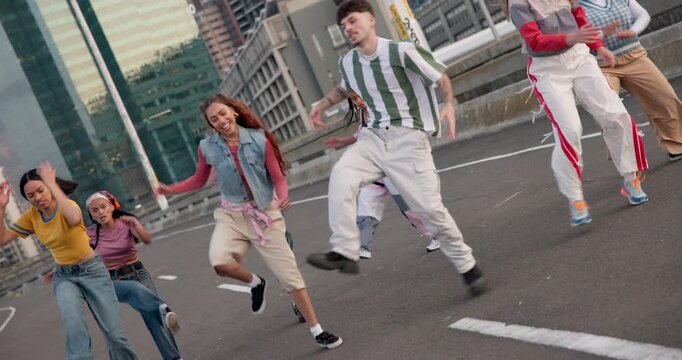 Hip hop, diversity and dancing people in city for freedom, creative art and grunge motion performance on road. Content creation, influencer friends and energy for breakdance, talent and celebration