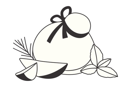 Hand‑drawn Provolone cheese ball with herb garnish, isolated on white background. Ideal for food, cooking, dairy, Italian cuisine, and ingredient‑focused culinary illustrations.