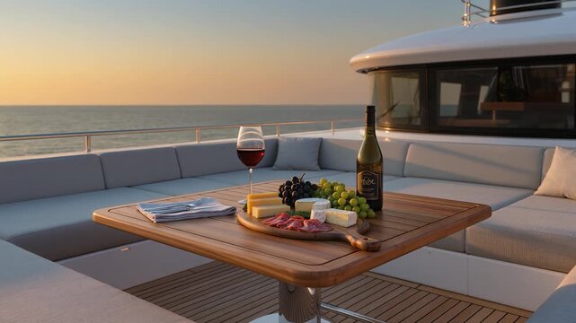 Elegant charcuterie board with wine served on a yacht at sunset, creating a luxurious seaside dining experience with calm ocean views and warm evening light.