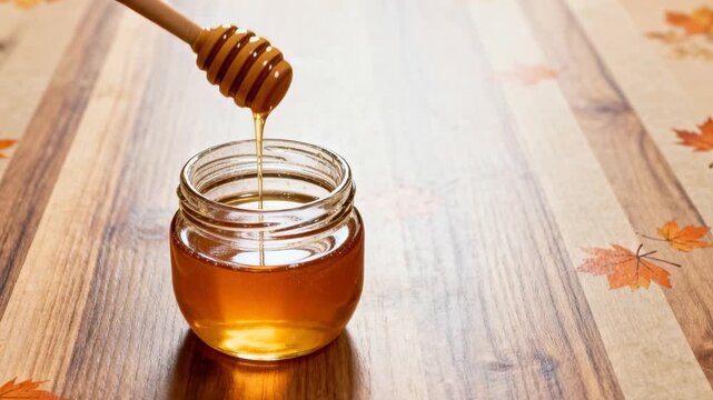 Appearing honey dipper left releasing stream into glass jar on maple leaf tabletop, returning honey