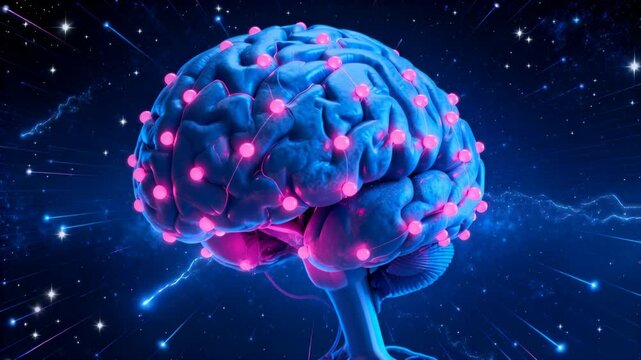 Brightening magenta nodes on blue brain initiating activation arcs at deep-blue starfield