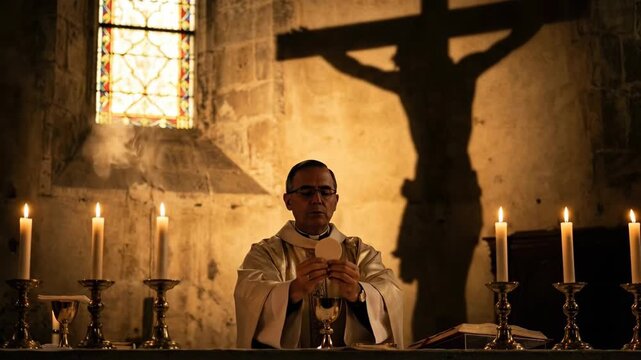 Priest performing catholic mass holding eucharist at altar. Man in vestment celebrating holy communion with cross shadow on church wall during religious service.