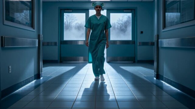 Walking medic proceeding down hospital corridor after automatic doors opening wearing teal scrubs